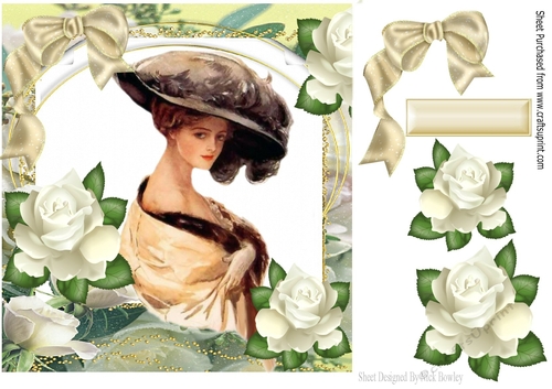 Elegant Lady in hat with feather, cream roses and bow 8x8
