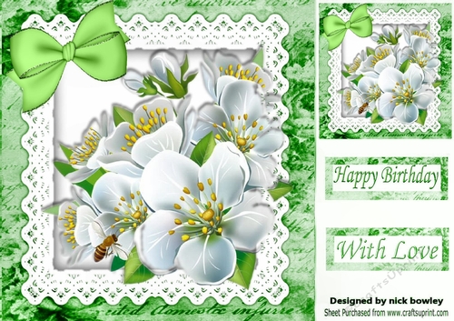 Pretty white flowers in script frame on lace 8x8