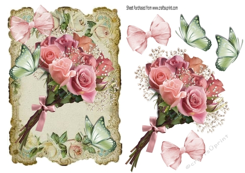 Pretty pink bouquet of flowers with butterflies in vintage frame