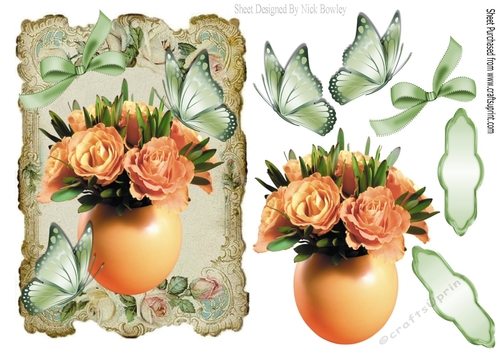 peach roses with bow and butterflies in vintage frame