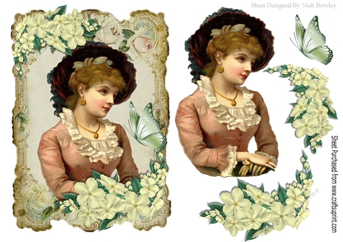 Pretty vintage lady, with flowers in vintage frame