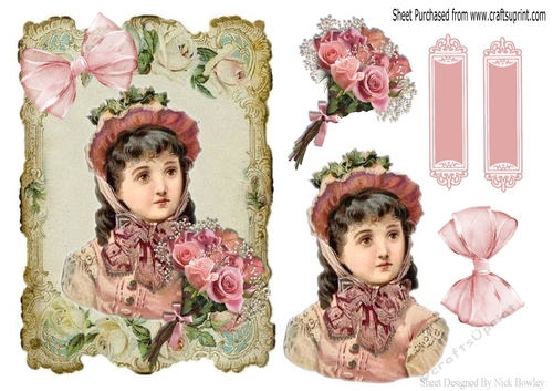 vintage lady with pink rose bouquet in vintage frame