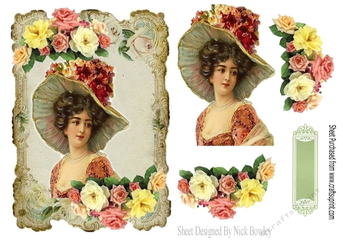 Lady in her big bonnet with flowers in vintage frame