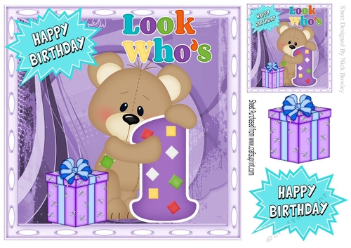 Look whos ONE, Lovely Birthday bear with present 8x8