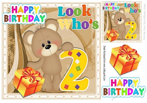 Look whos TWO, Lovely Birthday bear with present 8x8