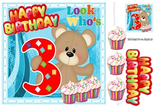 Look whos THREE, Lovely Birthday bear with present 8x8