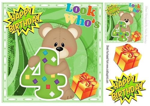 Look whos FOUR, Lovely Birthday bear with present 8x8