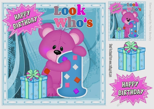Look whos ONE, Lovely Birthday pink bear with present 8x8