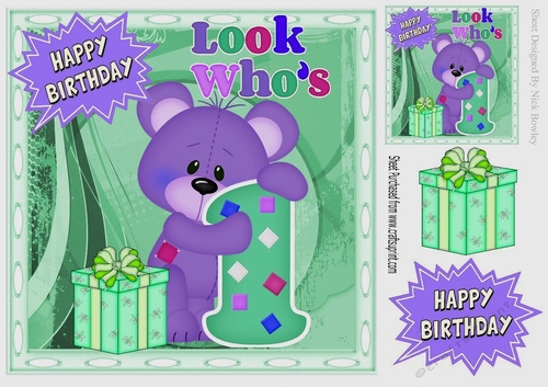 Look whos ONE, Lovely Birthday purple bear with present 8x8