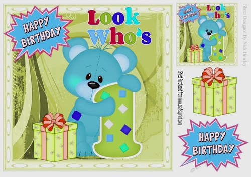 Look whos ONE, Lovely Birthday blue bear with present 8x8