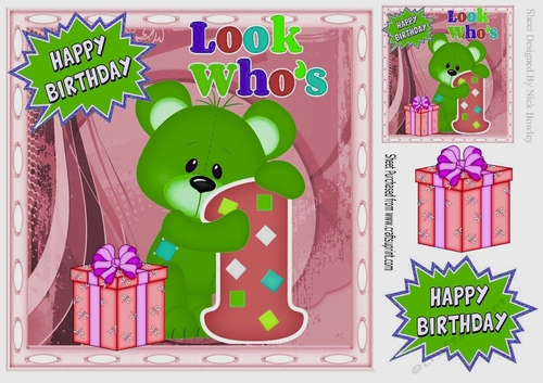 Look whos ONE, Lovely Birthday green bear with present 8x8