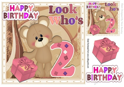 look whos TWO, Lovely Birthday bear with pink present 8x8