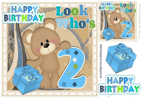 look whos TWO, Lovely Birthday bear with blue present 8x8