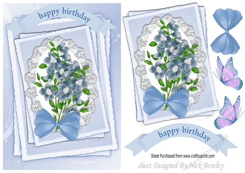 pretty blue flowers on lace with butterflies & bow  A5