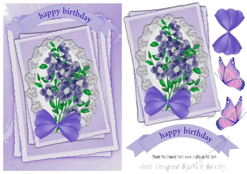 pretty lilac flowers on lace with butterflies & bow  A5