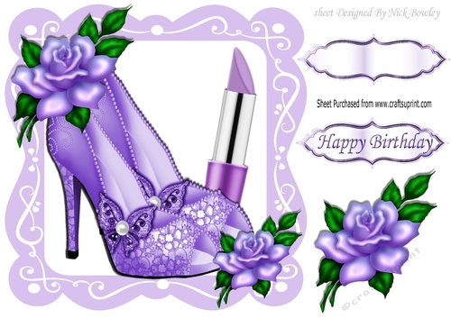 pretty purple sparkle shoes with lipstick and rose in lace frame 8x8