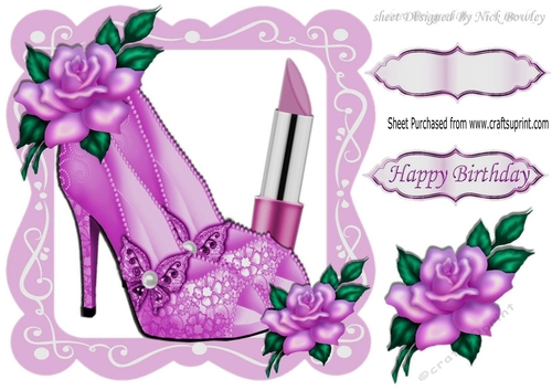 pretty pink sparkle shoes with lipstick and rose in lace frame 8x8