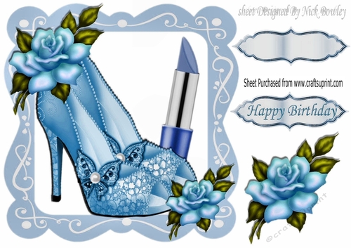 pretty blue sparkle shoes with lipstick and rose in lace frame 8x8