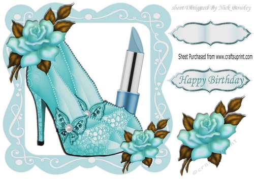 pretty turq sparkle shoes with lipstick and rose in lace frame 8x8