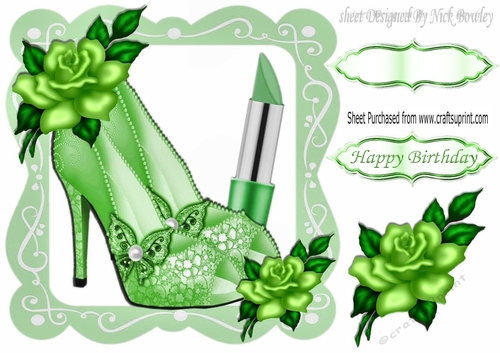 pretty green sparkle shoes with lipstick and rose in lace frame 8x8