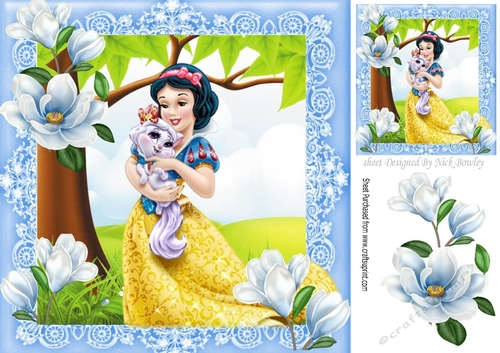 Pretty Princess cuddling her kitten, with blue magnolias 8x8