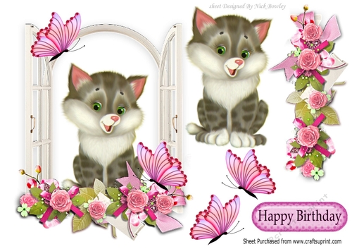 cute kitty in the window with flowers and butterflies