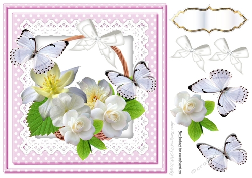 basket of white roses and flowers with butterflies on lace 8x8