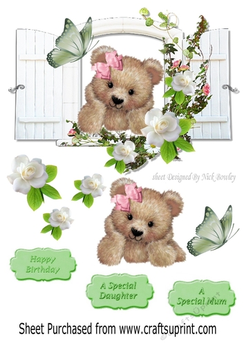 cute fuzzy bear looking out the window with roses