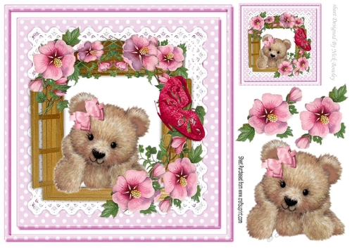 fuzzy bear in the window with flowers on lace 8x8