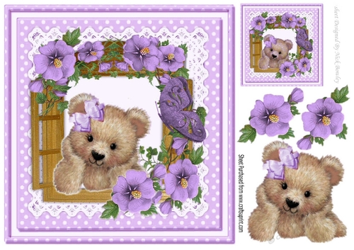 fuzzy bear in the window with lilac flowers on lace 8x8