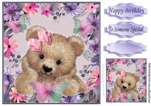 Lovely smile fuzzy bear in flower frame with butterflies 8x8