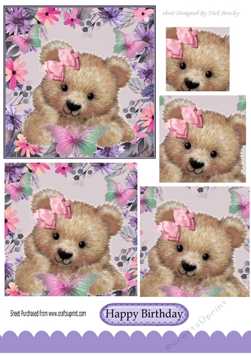 Lovely smile fuzzy bear in flower frame with butterflies pyramids