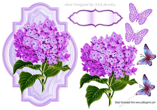 Pretty purple Hydrangeas with butterflies in ornate frame