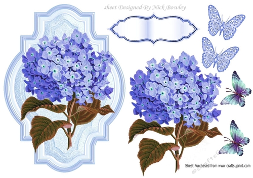 Pretty blue Hydrangeas with butterflies in ornate frame