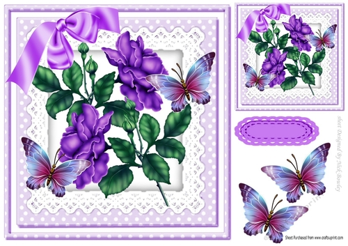 Purple roses on lace with bow and butterflies 8x8