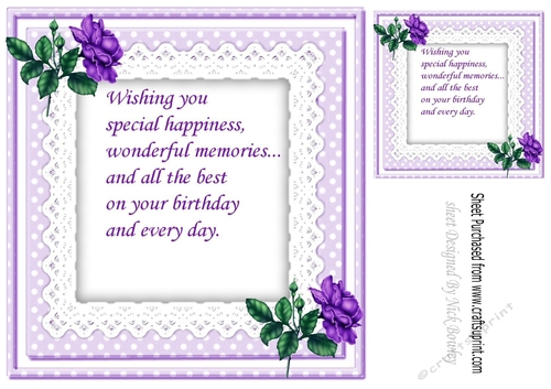 Purple roses on lace with bow and butterflies 8x8 insert