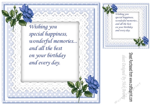 blue roses on lace with bow and butterflies 8x8 insert