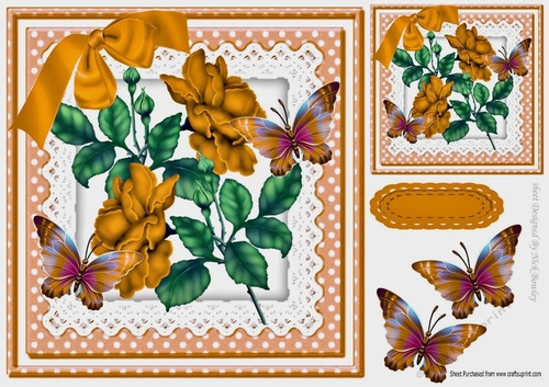 gold roses on lace with bow and butterflies 8x8 insert