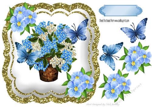 Pretty blue Hydrangeas in a vase with pretty blue butterflies