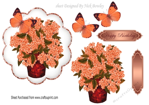 Pretty peach Hydrangeas in a vase with yellow butterflies
