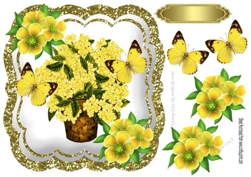 Pretty yellow Hydrangeas in a vase with pretty yellow butterflies 8x8