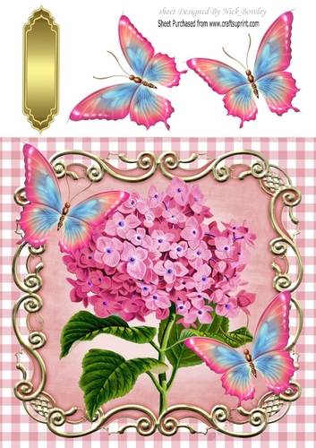 Pink Gingham, pink butterflies with pink Hydrangeas 8x8