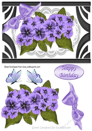 Lovely Art Deco frame with corner bow & purple flowers on lace