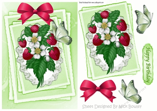 Strawberries and white flowers on lace stackers with butterflies