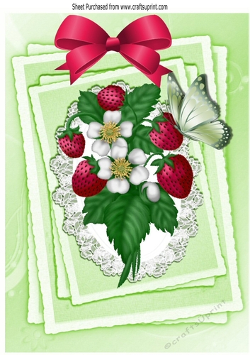 Strawberries and white flowers on lace stackers with butterflies A4