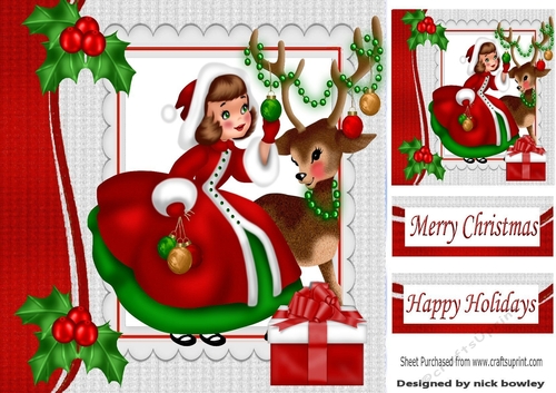 Little girl with her reindeer & holly 8x8
