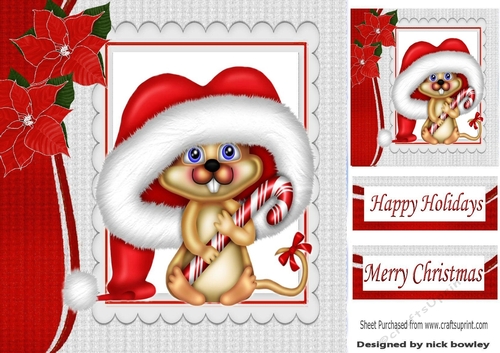 Cute christmas mouse in santa hat with poinsettias 8x8