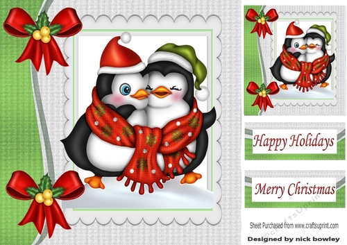 cuddle up! penguins  with red christmas bows 8x8