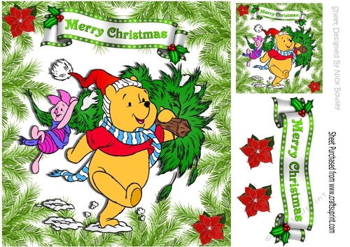 bear in santa hat with piglet carrying christmas tree 8x8