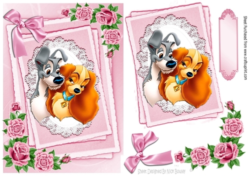 cute dogs cuddling on lace with pink roses & bow A5